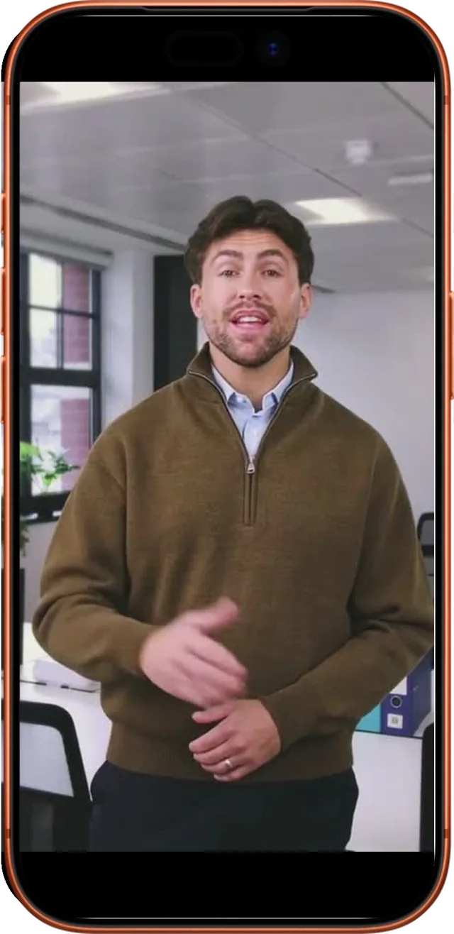 A finished Vidpop reel playing on an iPhone, showing the generated presenter